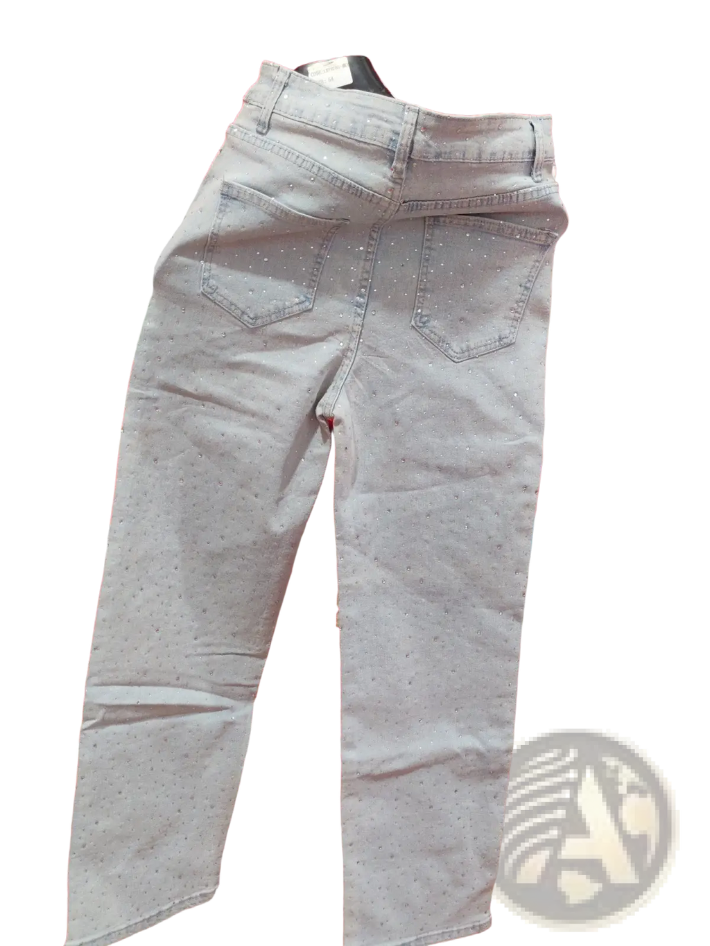 Light gray high waist denim jeans with subtle sparkling star print embellishments across the fabric