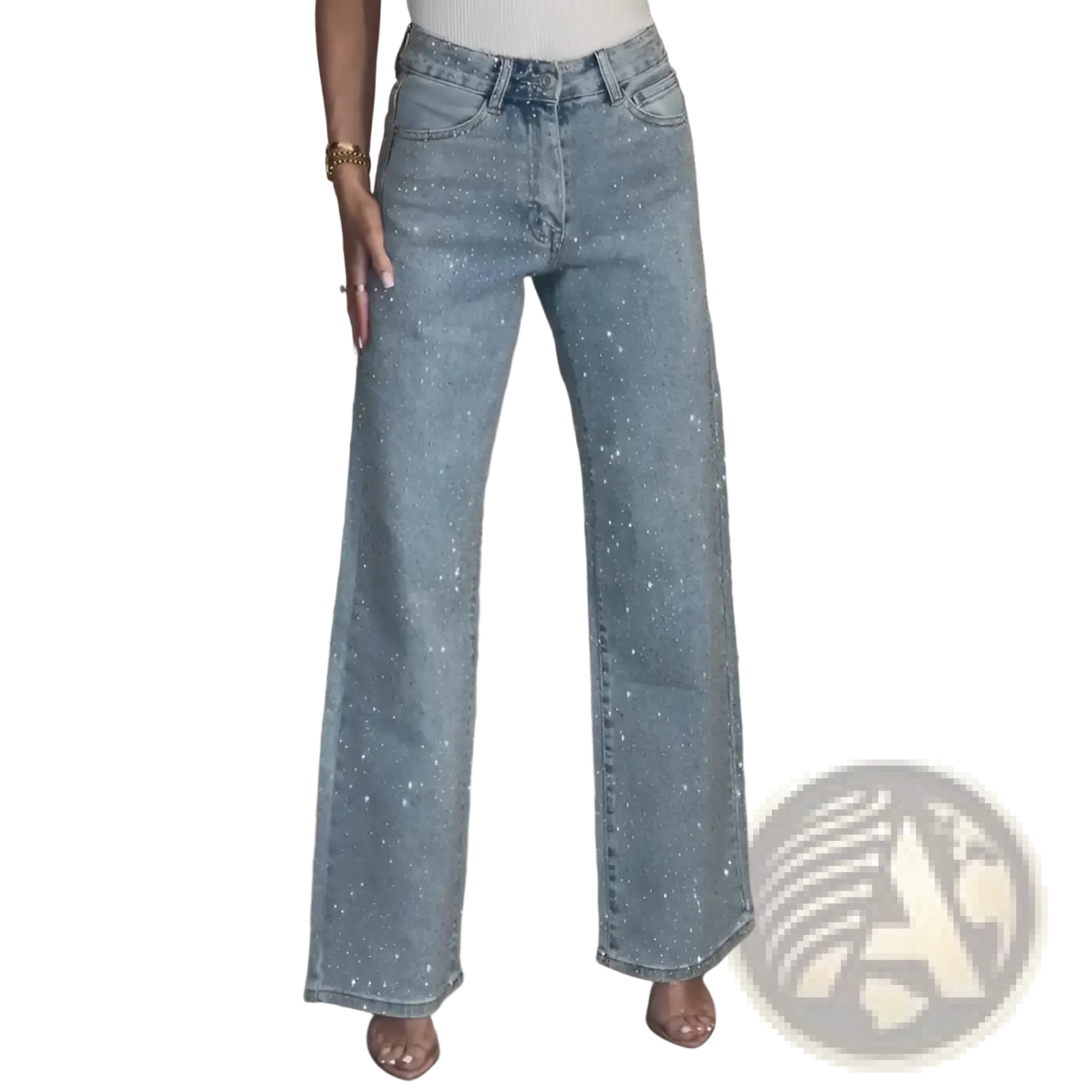 High waist light-wash denim jeans with wide-leg cut and scattered silver glitter accents star print design