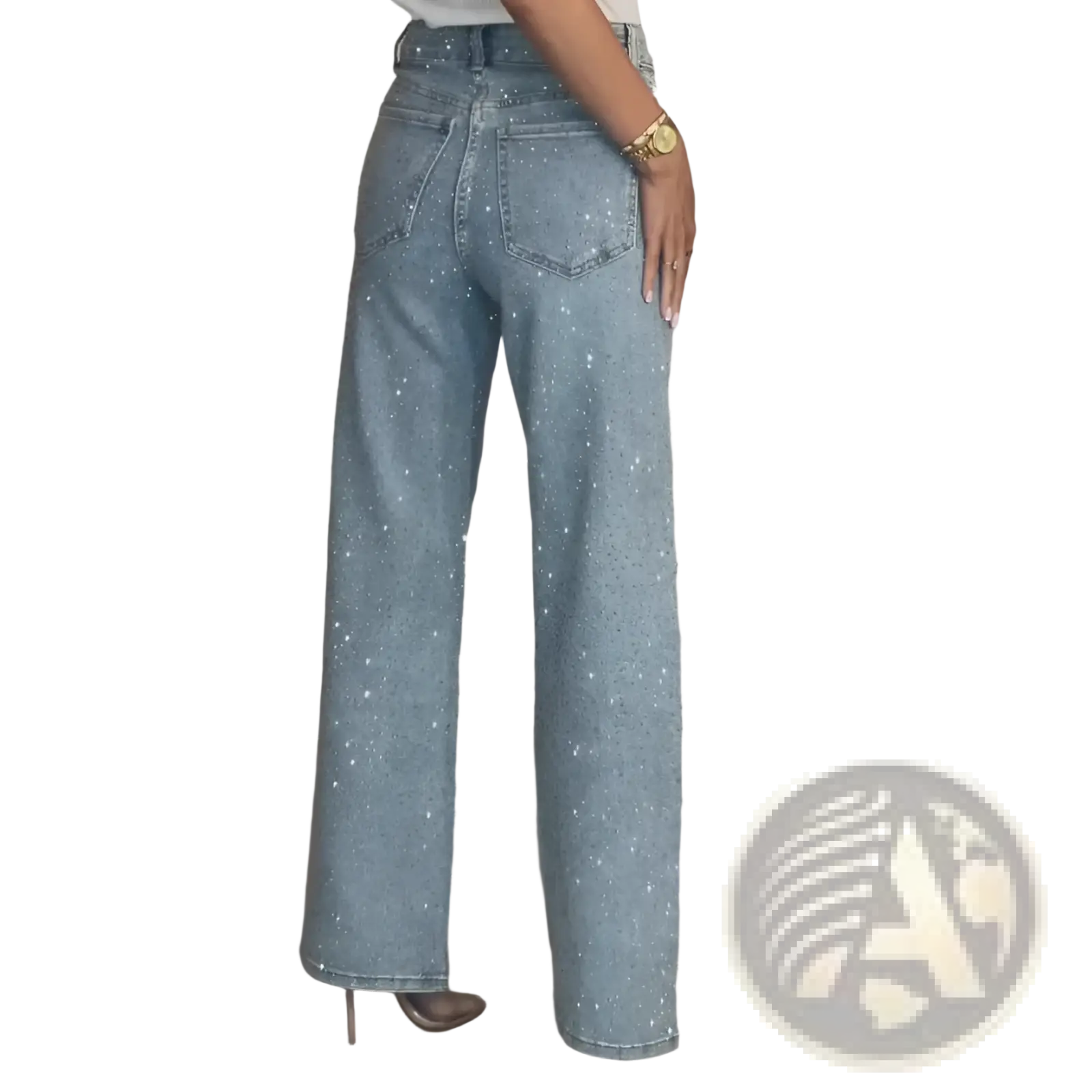 Light-wash high waist denim jeans with wide-leg cut and scattered sparkling rhinestones star print design