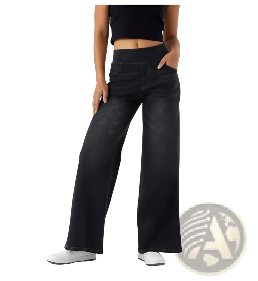 Black high waist wide-leg denim jeans with subtle fading made from sturdy cotton denim fabric