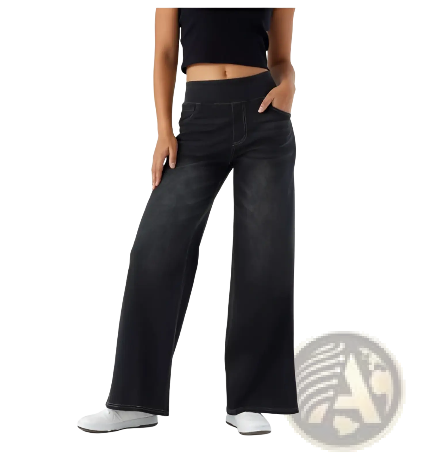 Black high waist wide-leg denim jeans with subtle fading made from sturdy cotton denim fabric