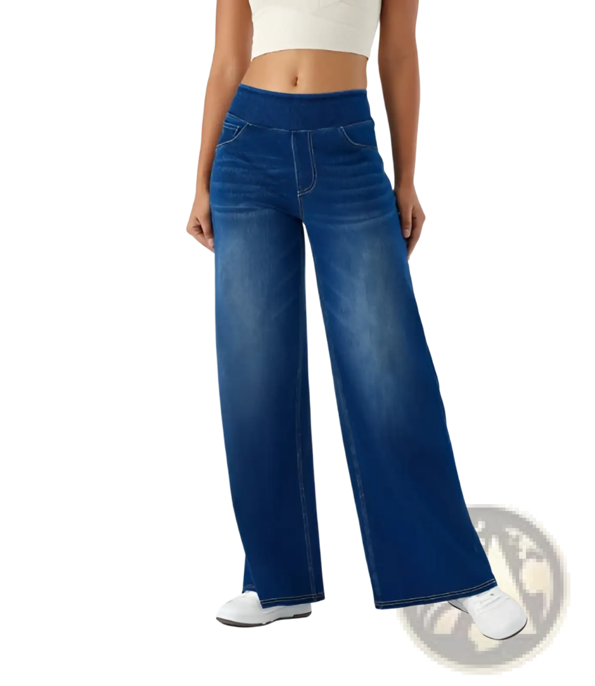 High waist straight blue denim jeans with wide legs and an elastic waistband in a high-waisted fit