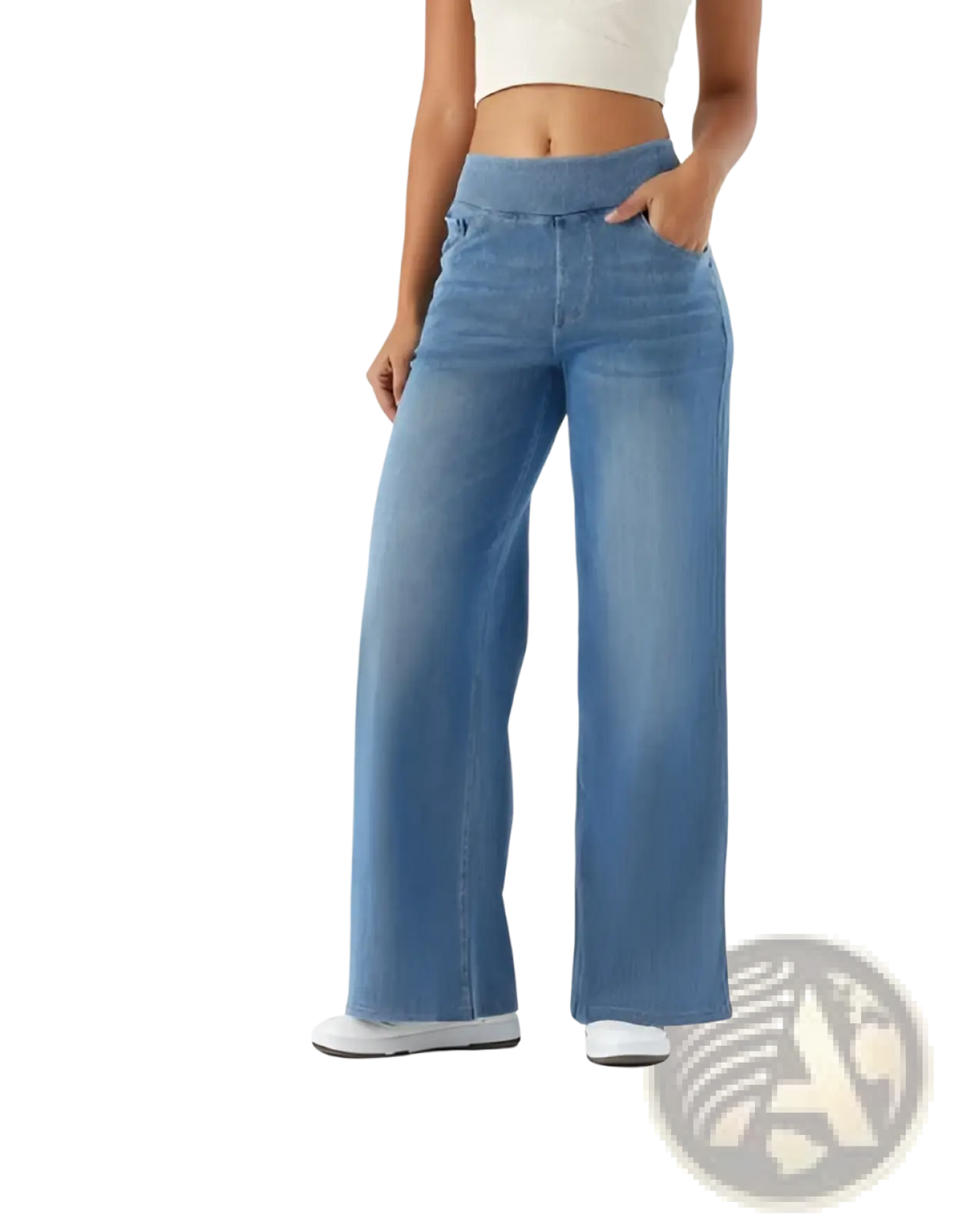 Light-wash blue denim high waist straight jeans with wide-leg cut and comfortable elastic waistband