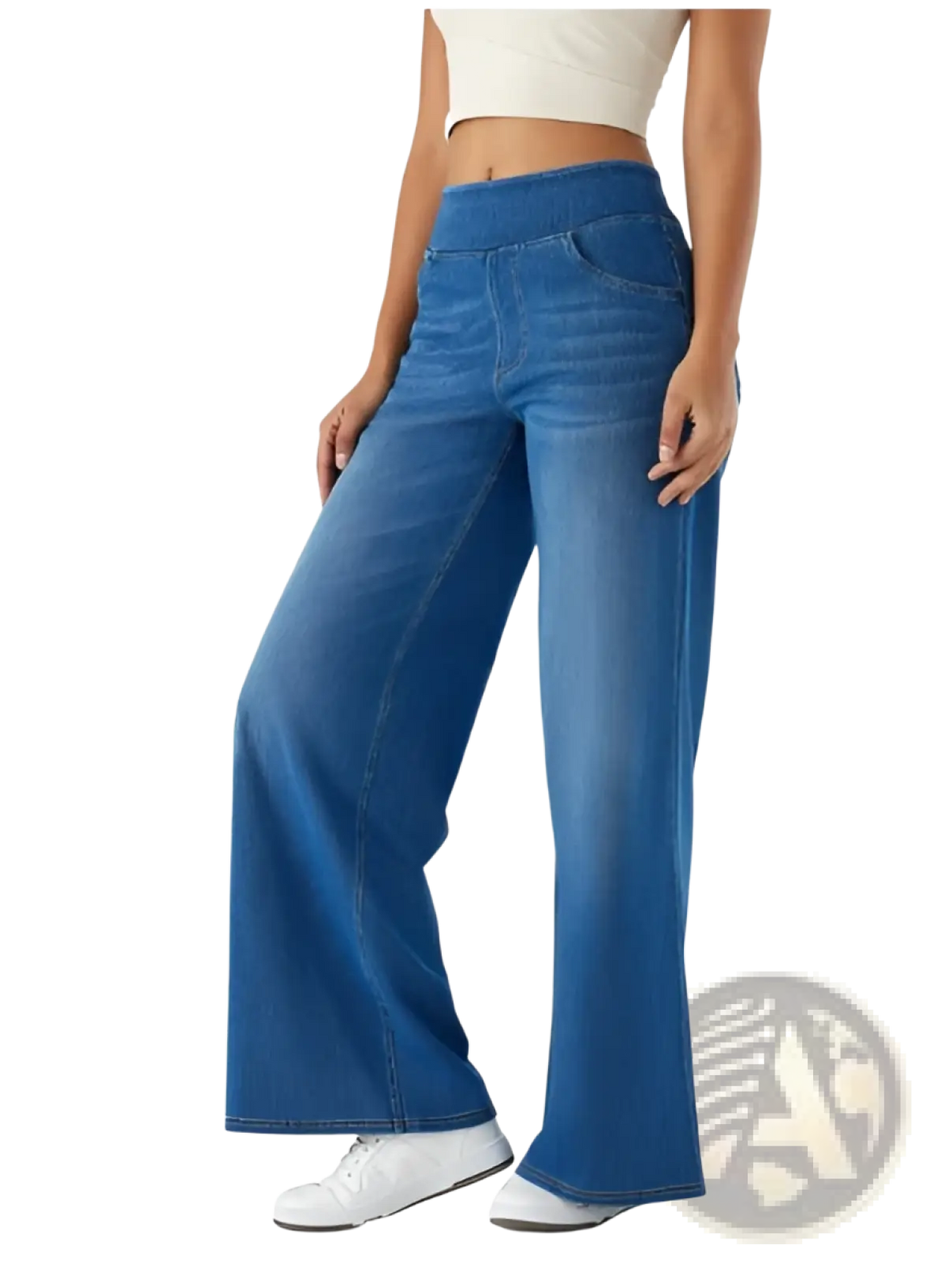 High waist straight blue denim jeans with flare legs and classic five-pocket design made of sturdy denim material