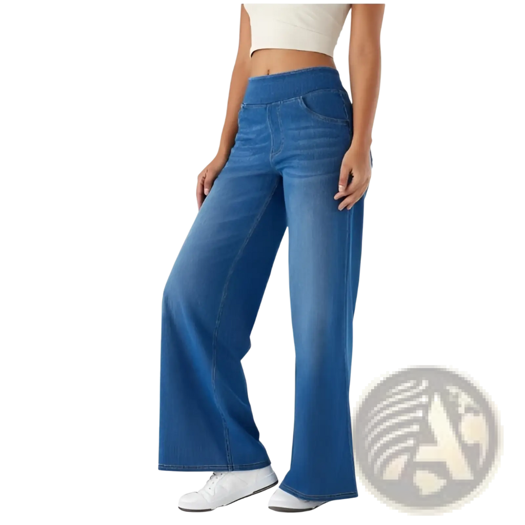 Blue denim high waist straight jeans with classic stitching and flare pants style shown from the front view