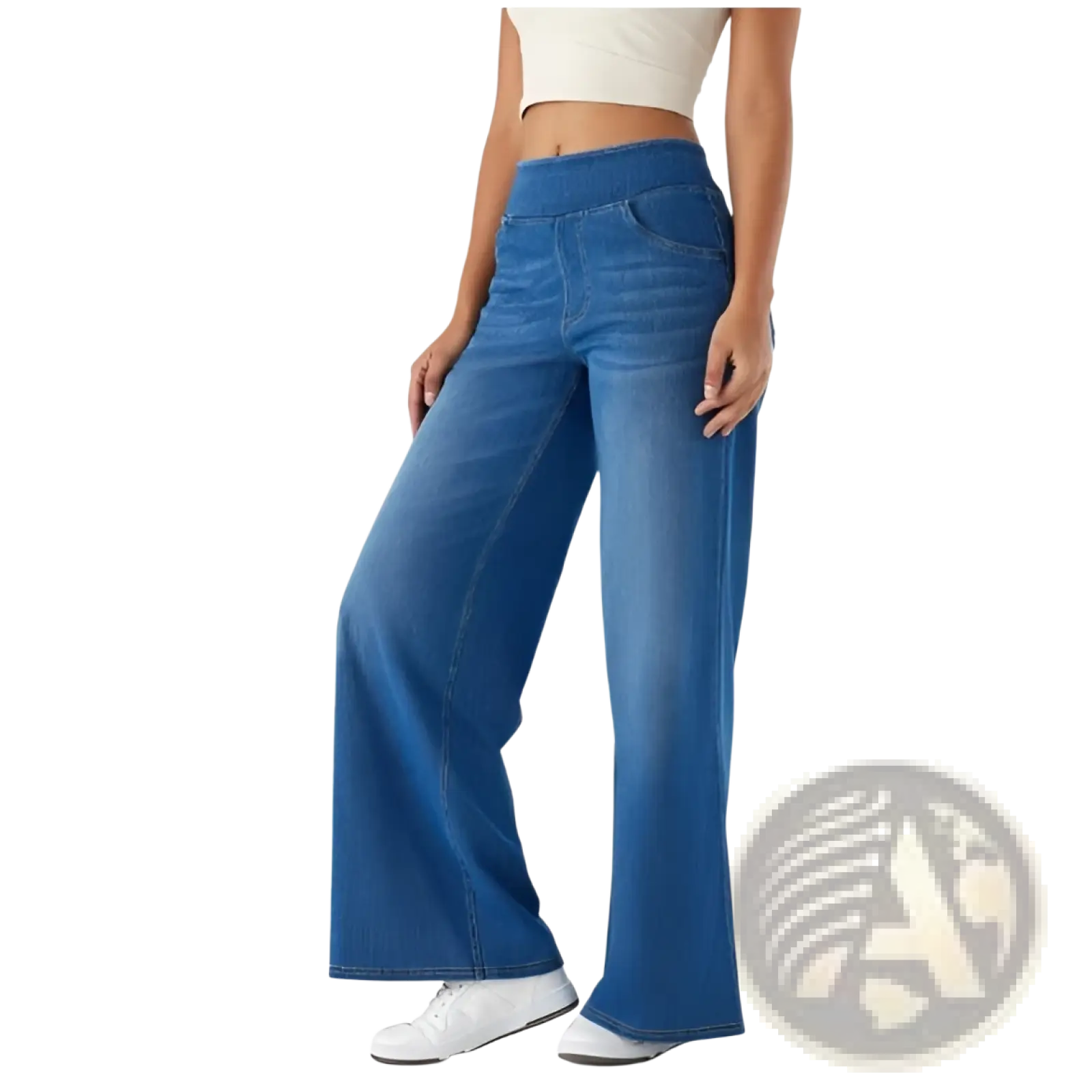 Blue denim high waist straight jeans with classic stitching and flare pants style shown from the front view