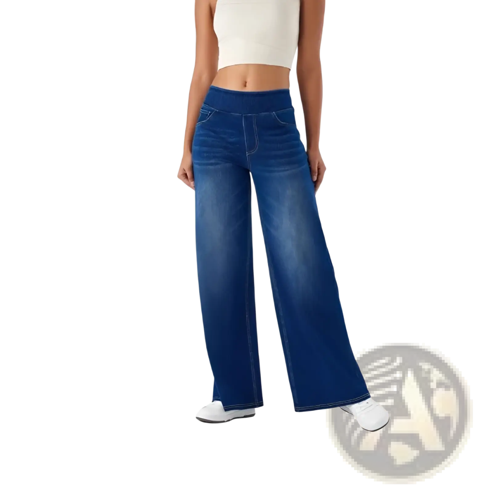 Blue high waist straight denim jeans with wide leg and elastic waistband made of classic denim fabric