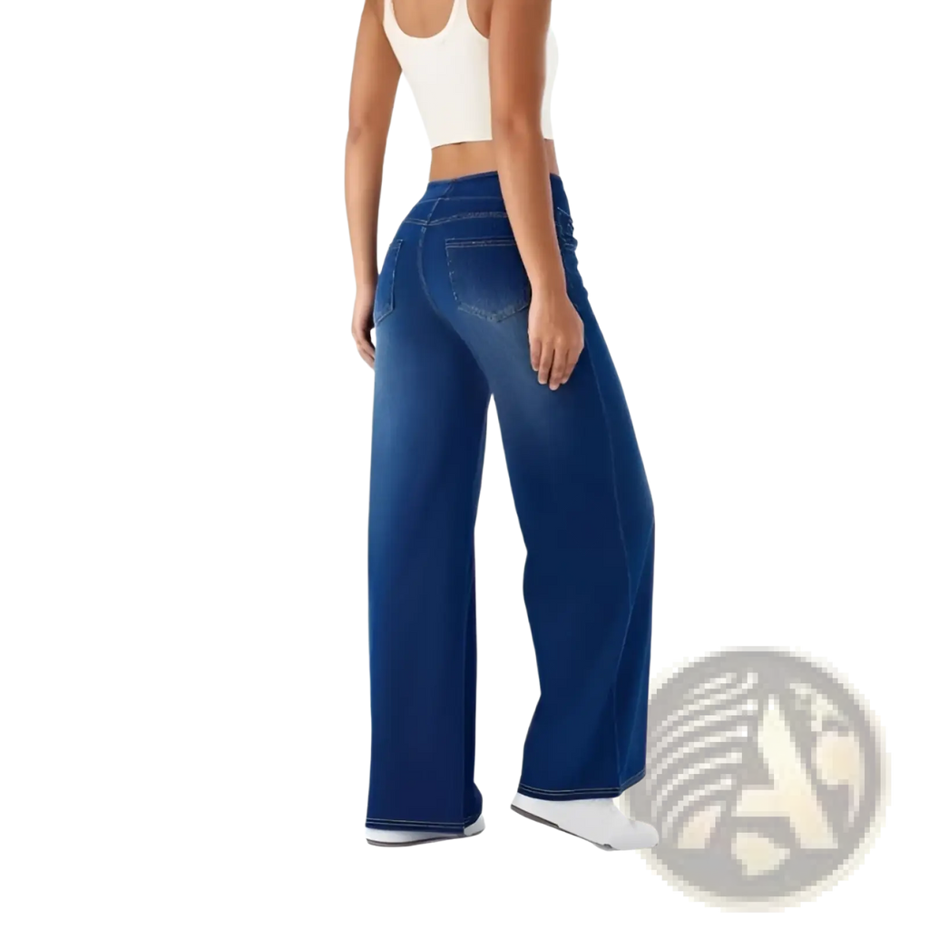Dark blue high waist straight denim jeans with wide-leg fit and classic back pocket design shown from the back side