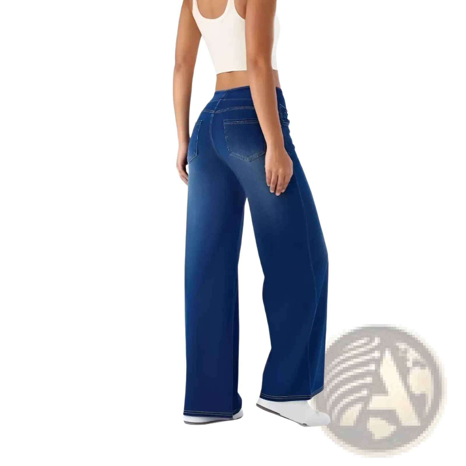 Dark blue high waist straight denim jeans with wide-leg fit and classic back pocket design shown from the back side
