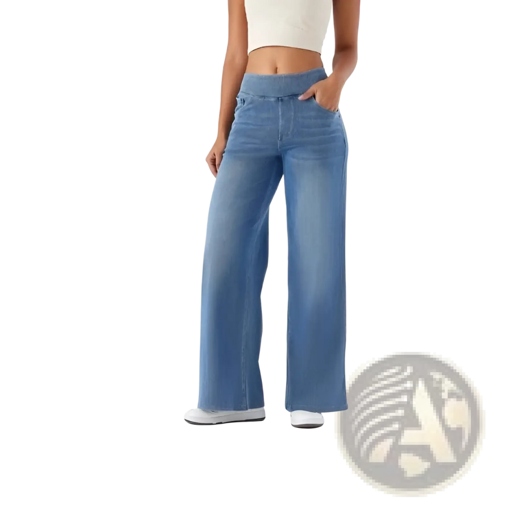 Light-wash denim high waist straight jeans with wide-leg cut and comfortable elastic waistband