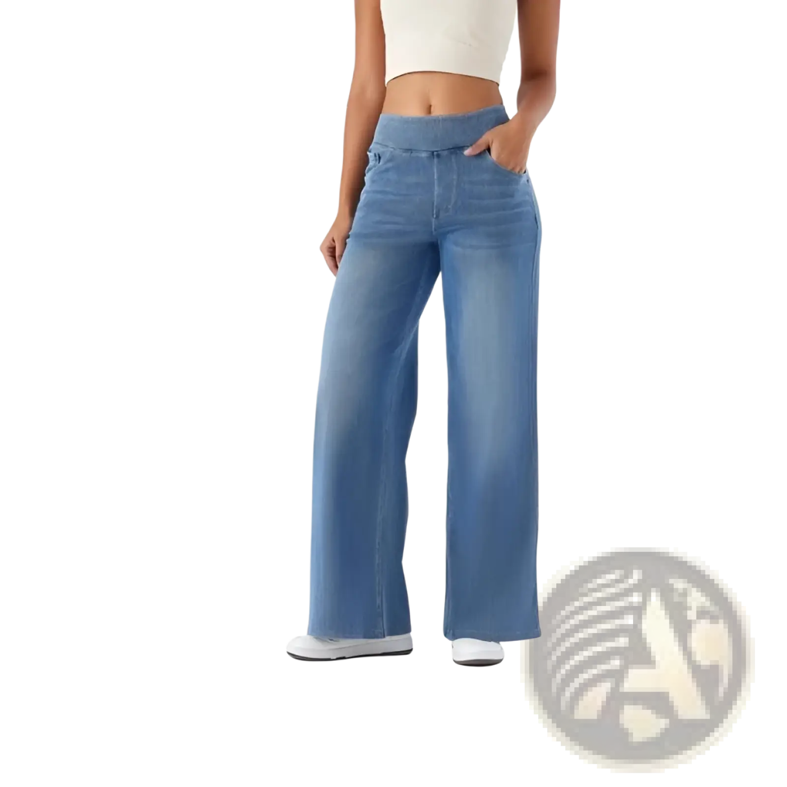 Light-wash denim high waist straight jeans with wide-leg cut and comfortable elastic waistband
