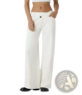 Cream-colored high waist straight leg denim jeans with wide-leg design and black button closure in minimalist style