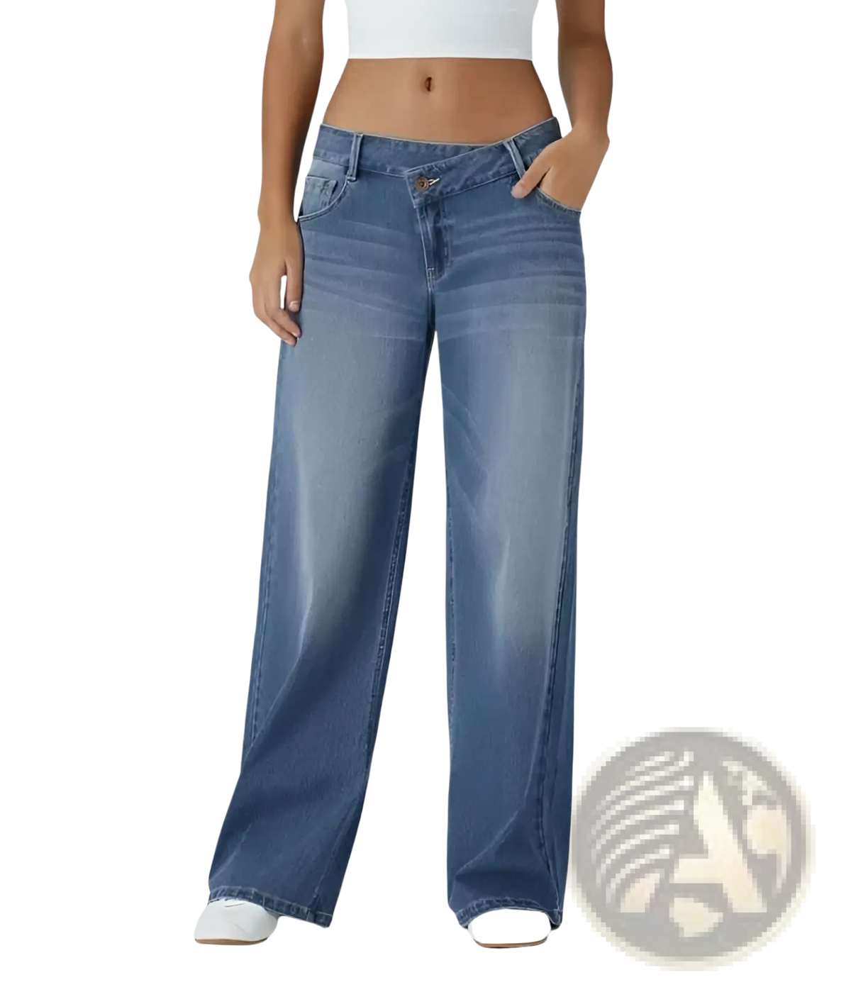 High waist straight leg denim jeans in medium-wash blue with subtle fading and classic stitching