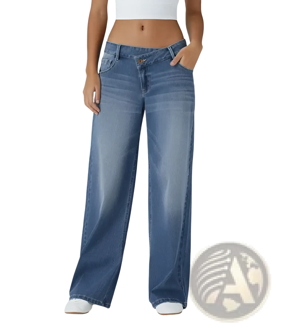 High waist wide-leg denim jeans in faded medium blue wash with classic stitching and a button fly closure