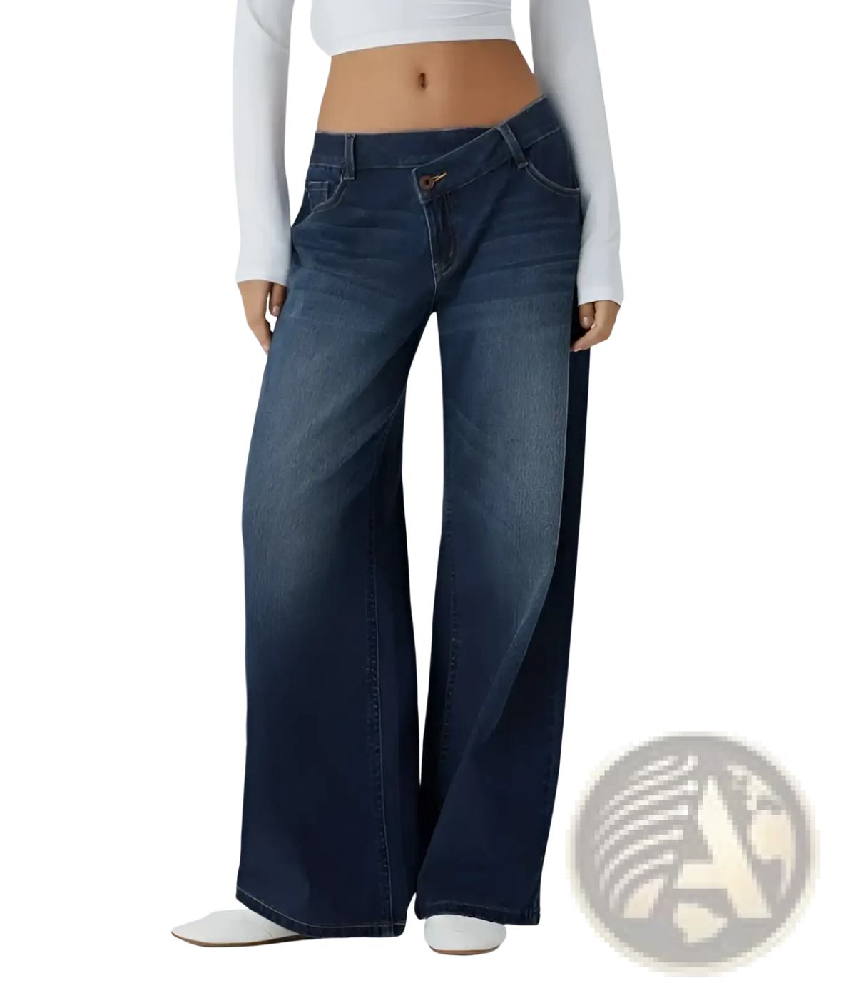 Dark blue high waist straight leg denim jeans with faded wash and classic five-pocket design