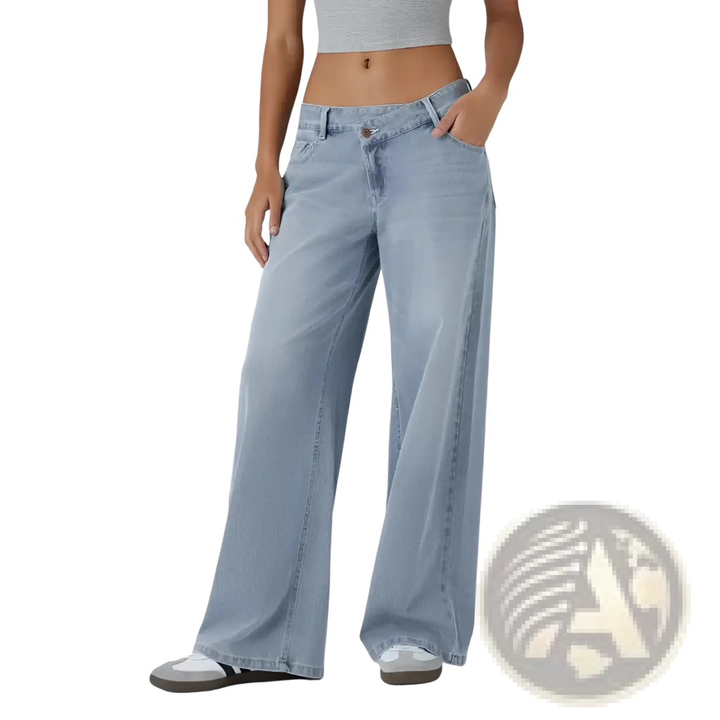 Light-wash denim high waist straight leg jeans with a relaxed, flared wide-leg silhouette