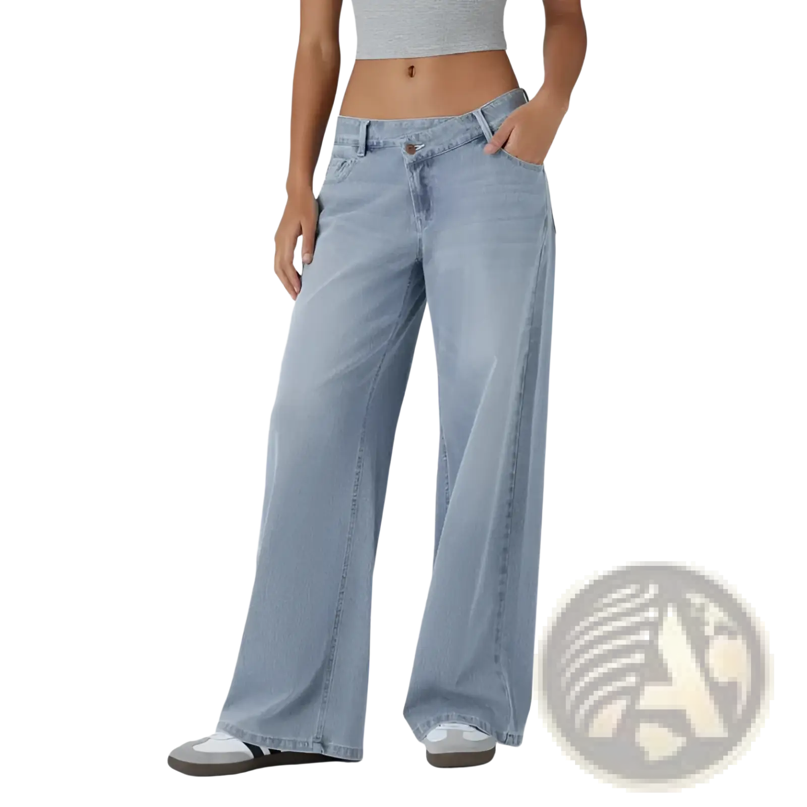 Light-wash denim high waist straight leg jeans with a relaxed, flared wide-leg silhouette