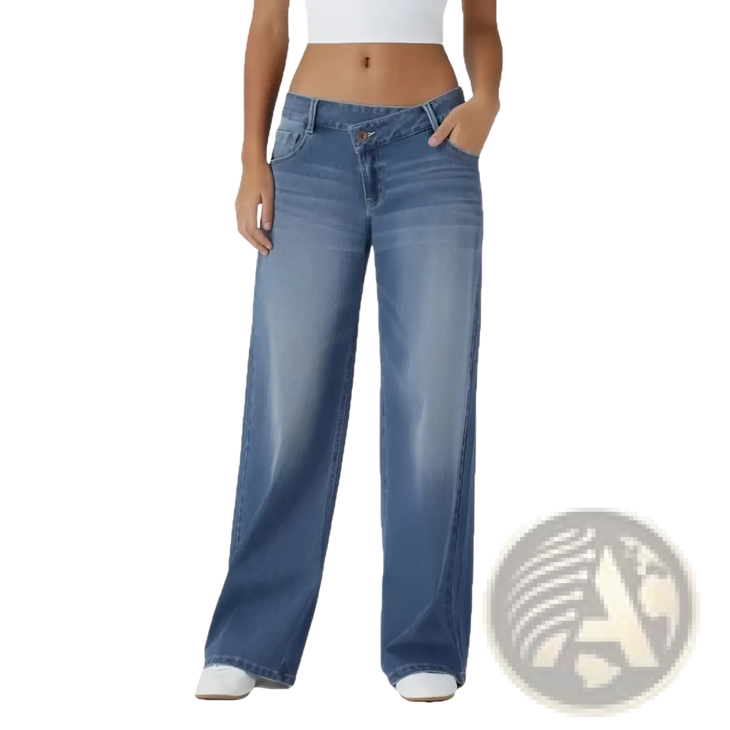 High waist straight leg denim jeans in medium-wash blue with wide-leg cut, subtle fading, and classic stitching