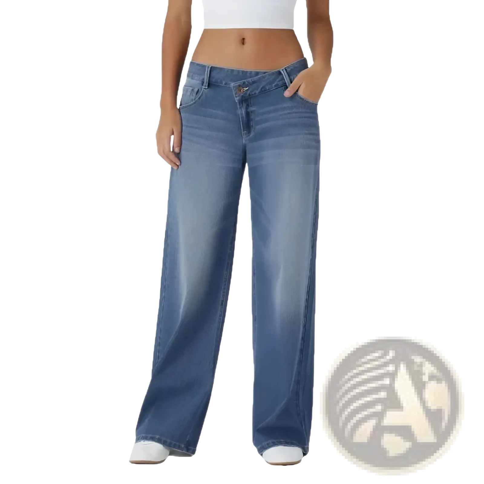 High waist straight leg denim jeans in medium-wash blue with wide-leg cut, subtle fading, and classic stitching