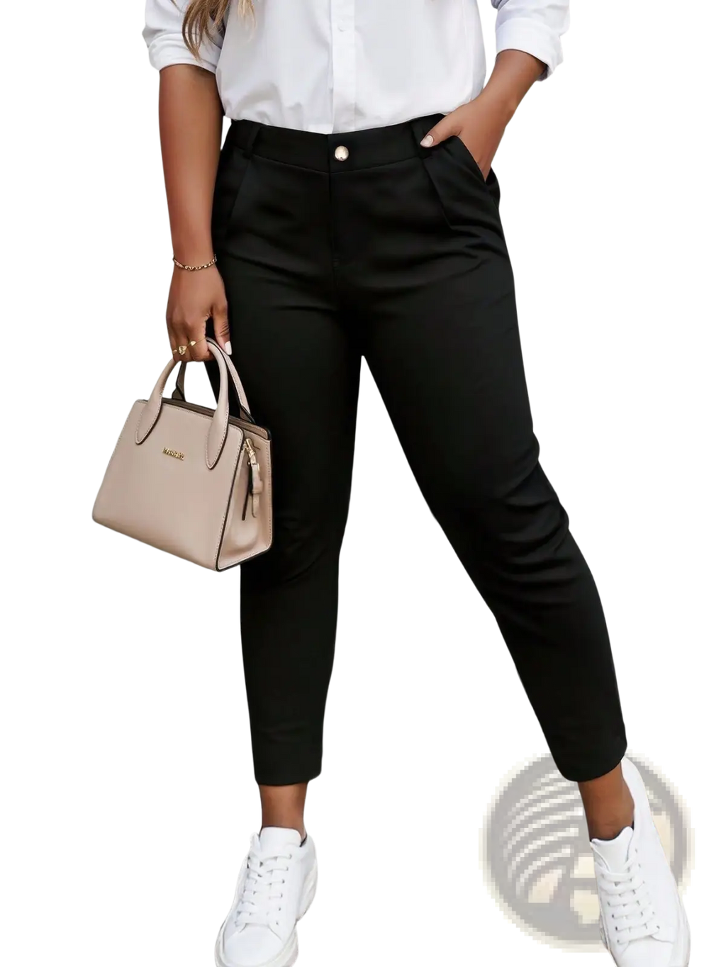 High waist straight leg trousers plus size in black with a sleek modern cut and a gold toned waistband button