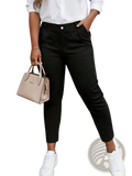 High waist straight leg trousers plus size in black with a sleek modern cut and a gold toned waistband button