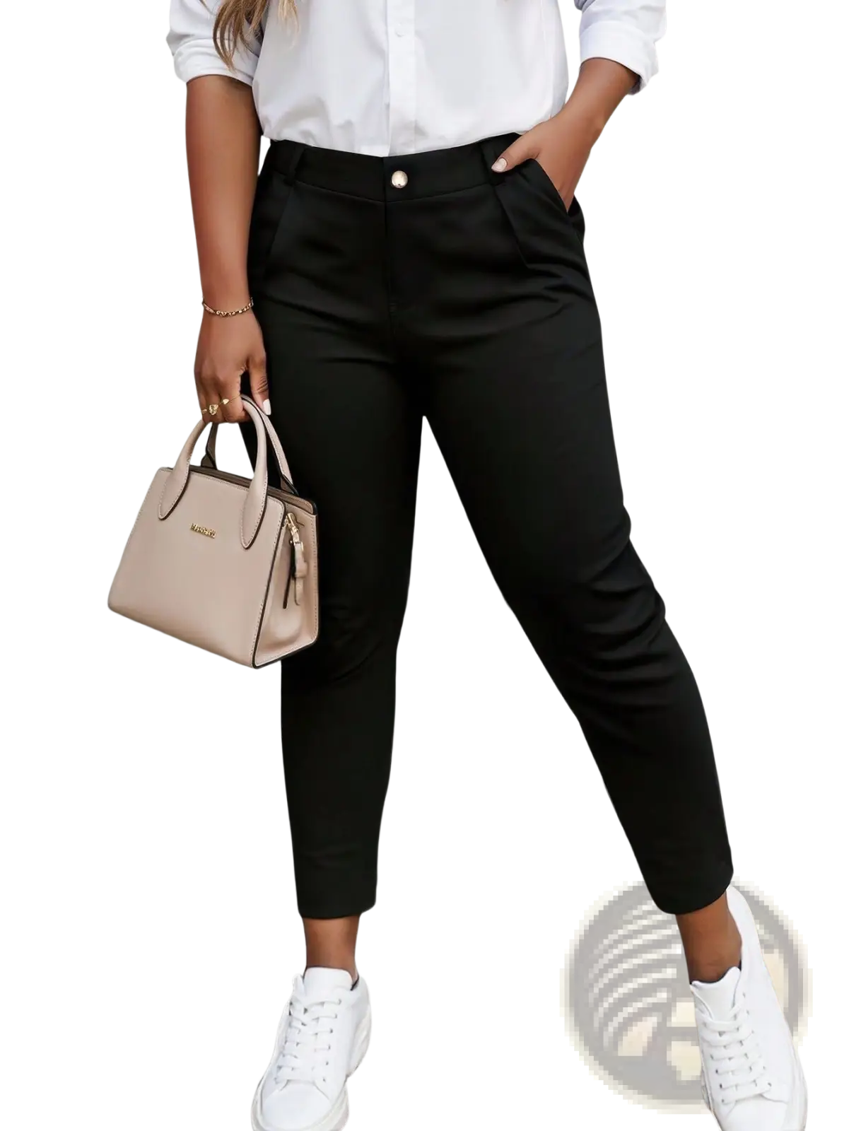 High waist straight leg trousers plus size in black with a sleek modern cut and a gold toned waistband button