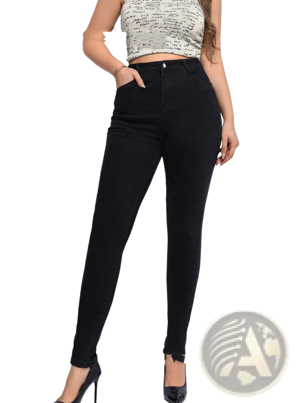 Black high waist stretch skinny jeans with classic five-pocket design and frayed cuffs in stretchy denim material