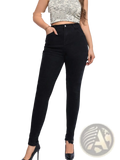Black high waist stretch skinny jeans with classic five-pocket design and frayed cuffs in stretchy denim material