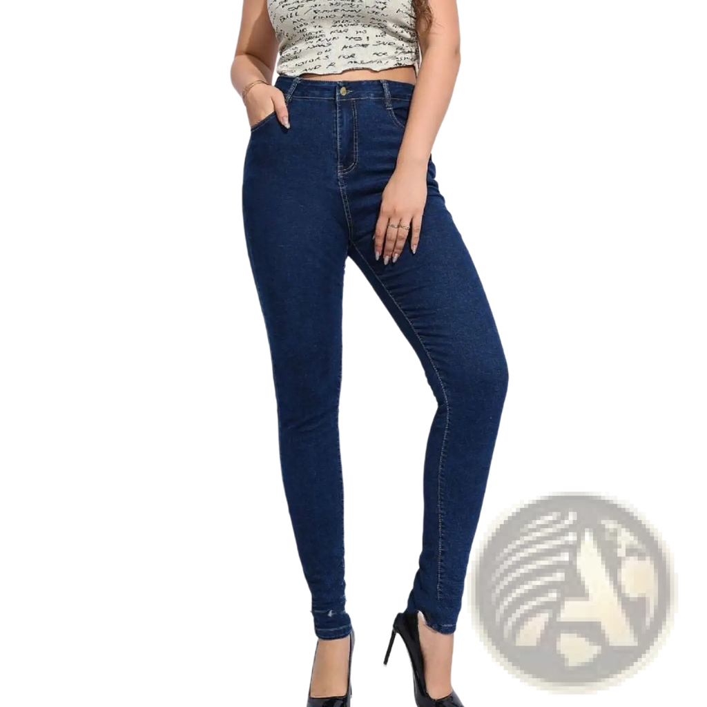 Dark blue high waist stretch skinny jeans with classic denim texture and subtle fading at the knees