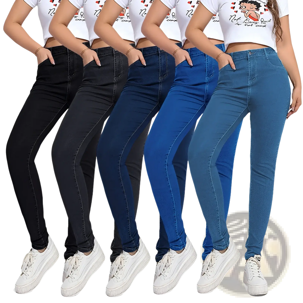 High waist stretch skinny jeans in black and various blue shades made of slim-fit denim fabric