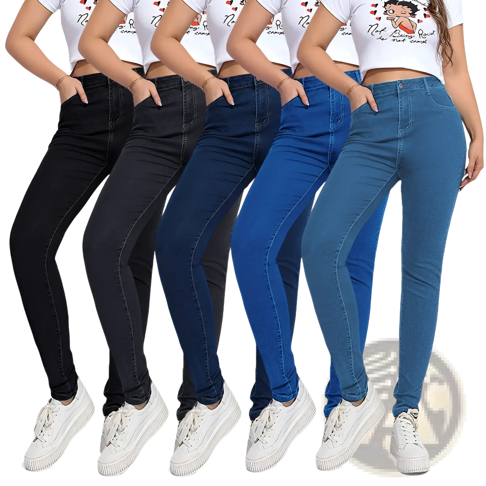 High waist stretch skinny jeans in black and various blue shades made of slim-fit denim fabric