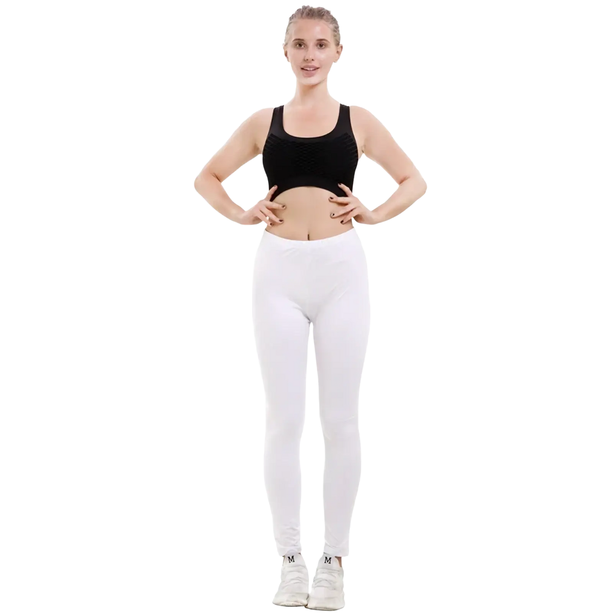 White high waist stretchy leggings for women made of smooth, form-fitting fabric showcasing front view