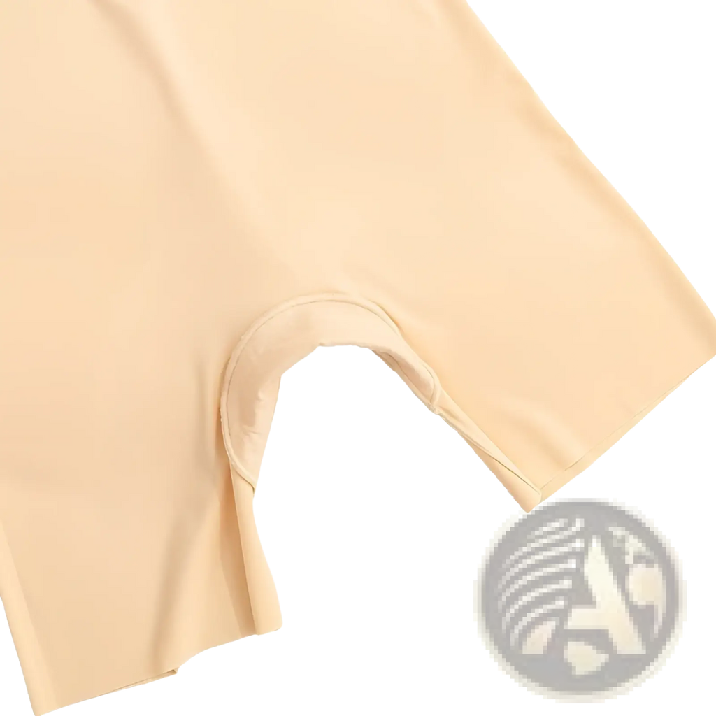 Beige high-waist tummy control ice silk safety shorts with smooth stretchy fabric and elasticated waistband