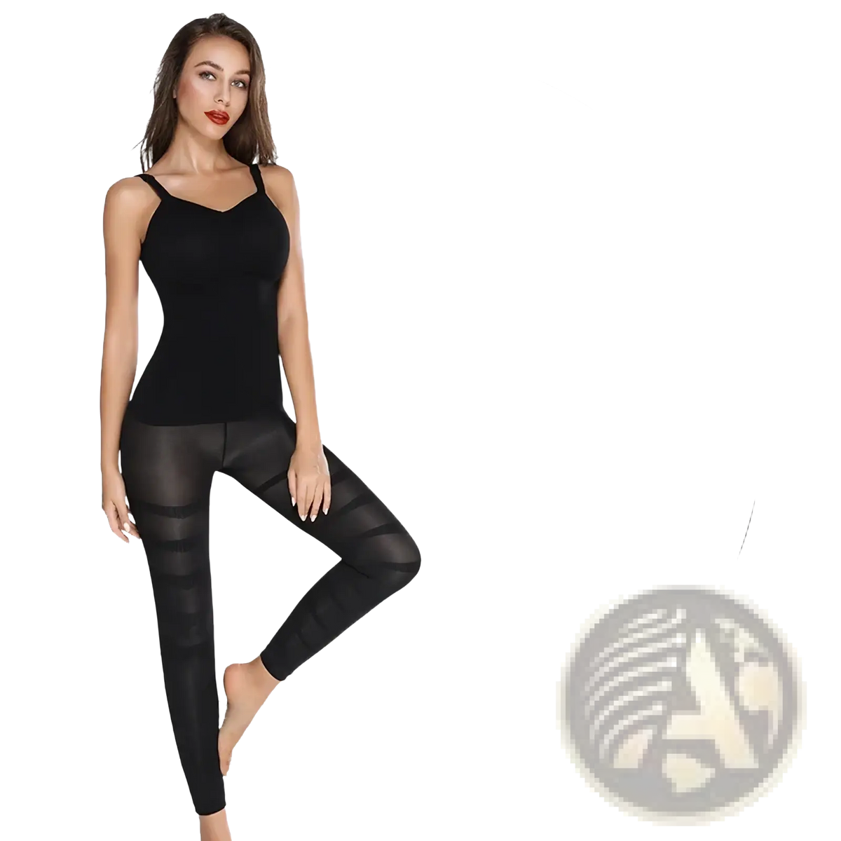 Black high waist tummy control shapewear leggings with sheer mesh panels on the legs in a form-fitting design