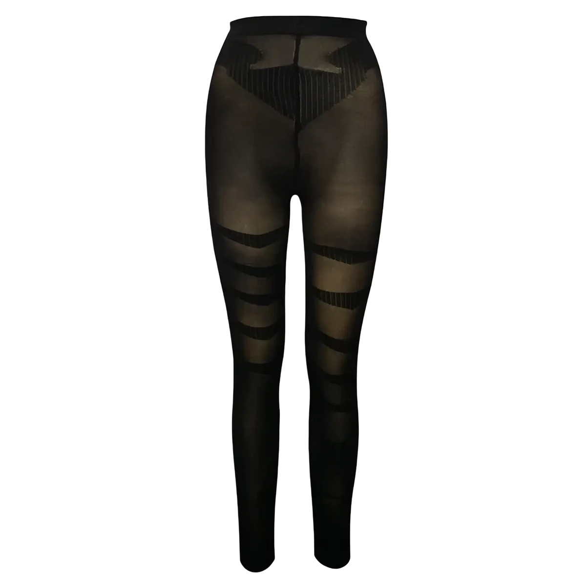 Black sheer high waist tummy control shapewear leggings with horizontal ribbed panels along the thighs