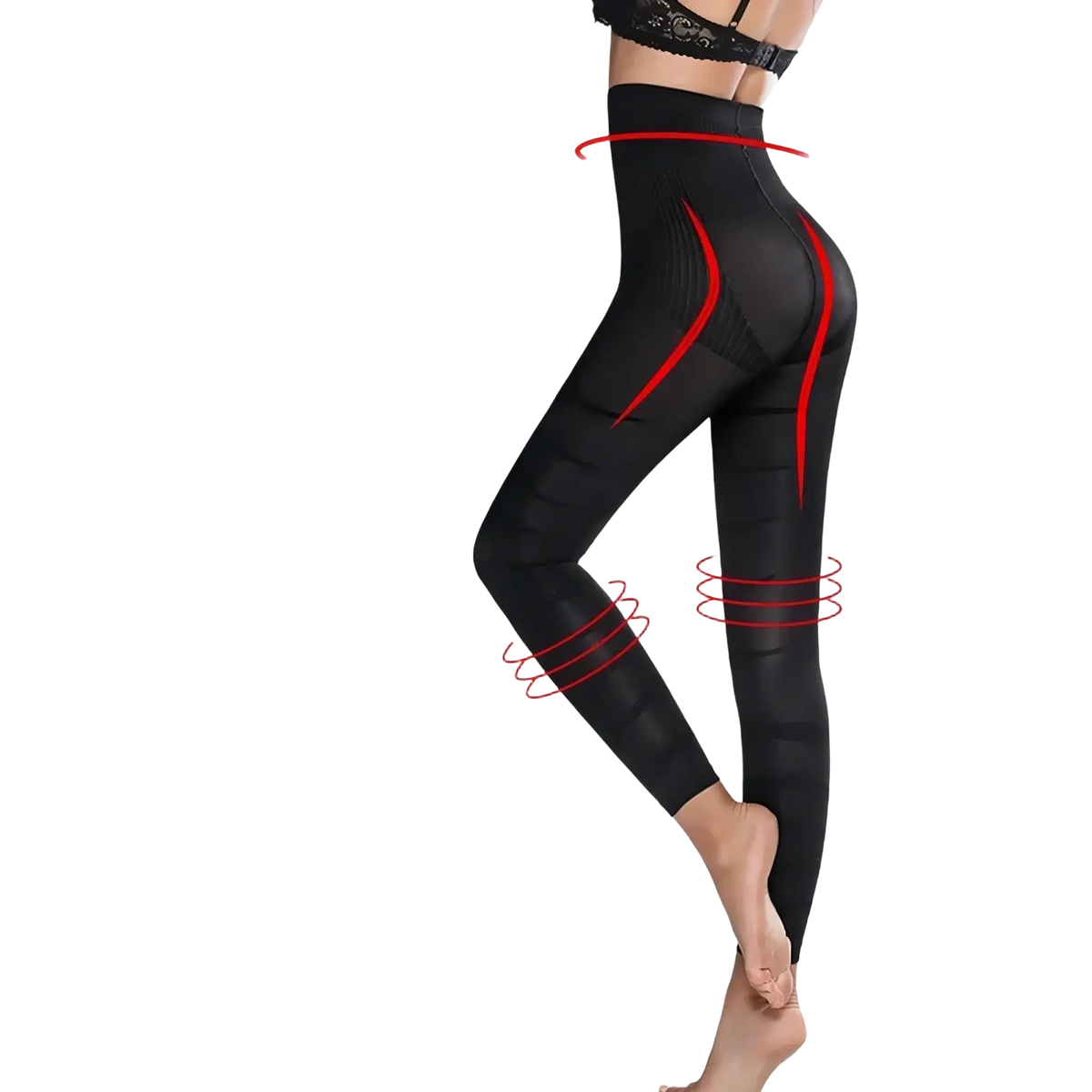 Black high waist tummy control shapewear leggings with built-in support panels for a slim waist and butt lift effect