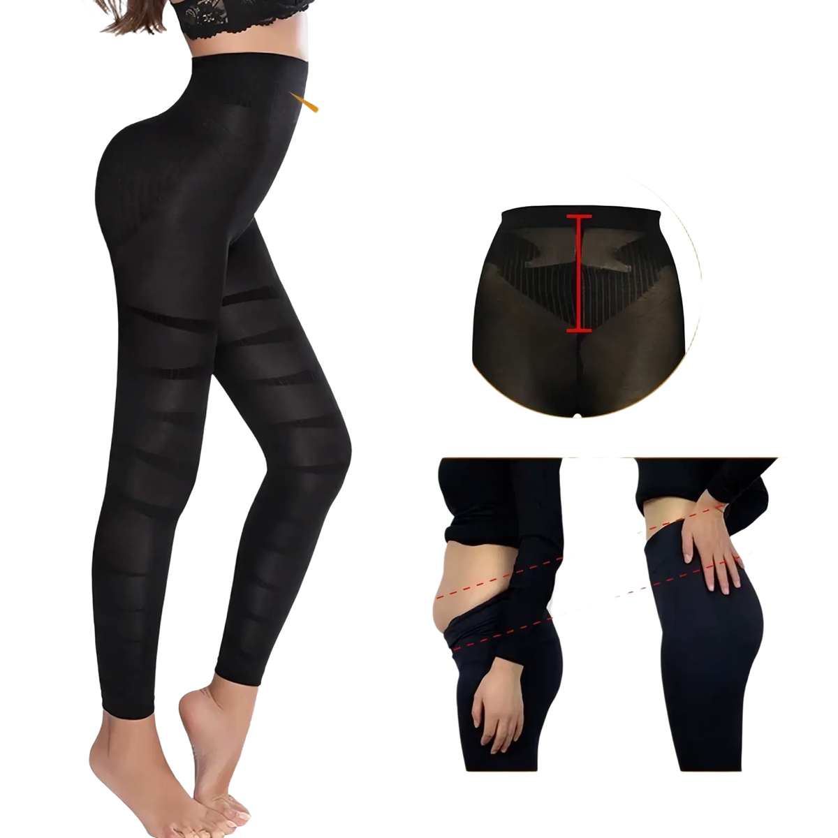 Black high waist tummy control shapewear leggings with sheer form-fitting design and reinforced support panels