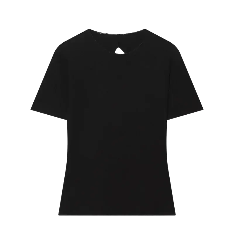 Black short-sleeved t-shirt with a subtle triangular cutout at the neckline paired with cream high waist two piece set wide leg pants