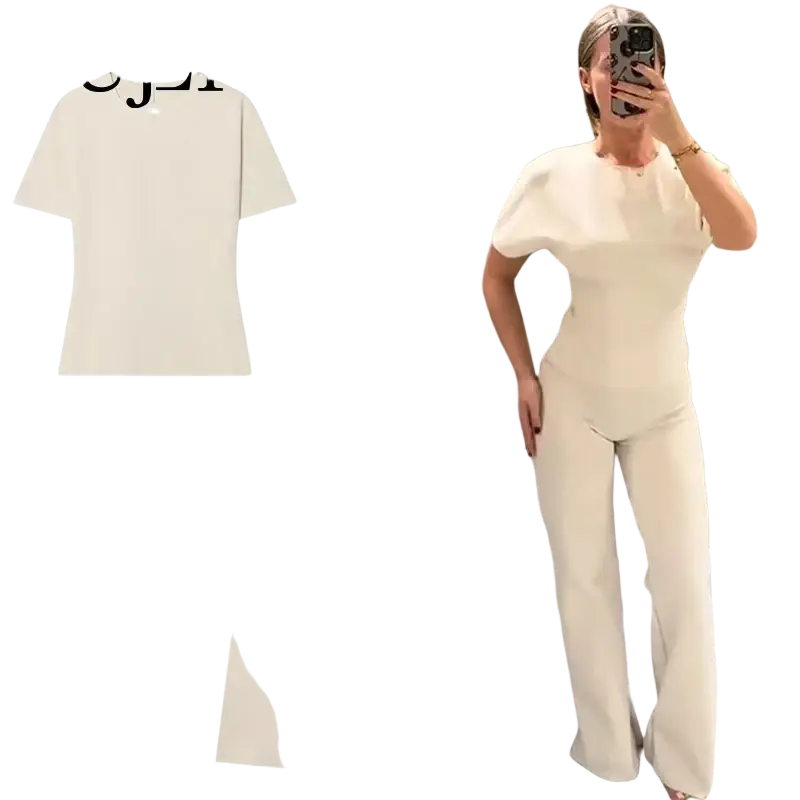 Cream-colored high waist two piece set with puffed short sleeves and wide leg trousers featuring button closure type