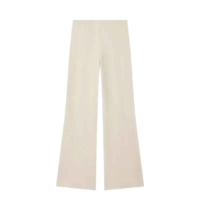 Cream high waist two piece set wide leg pants in smooth fabric with minimalist design and convenient closure type