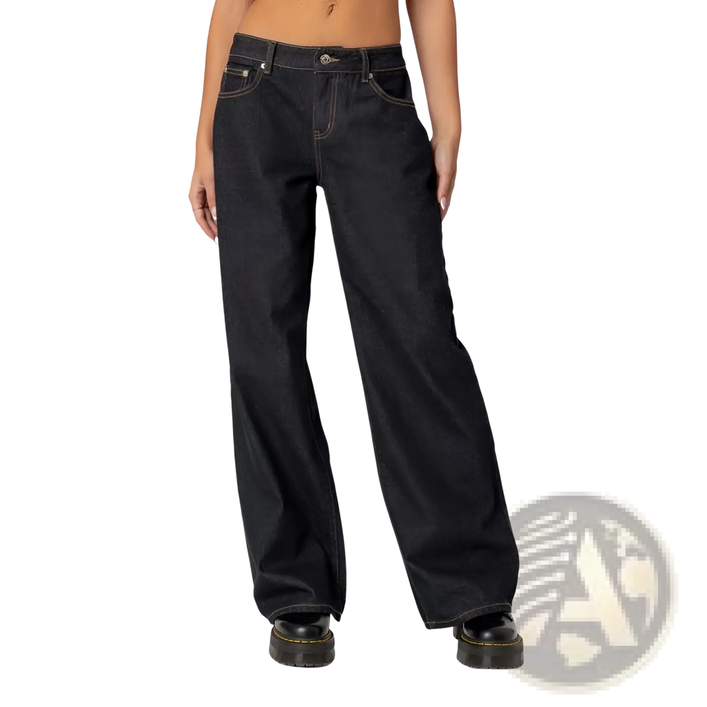 High waist wide leg black denim jeans with contrasting light stitching and classic five-pocket design