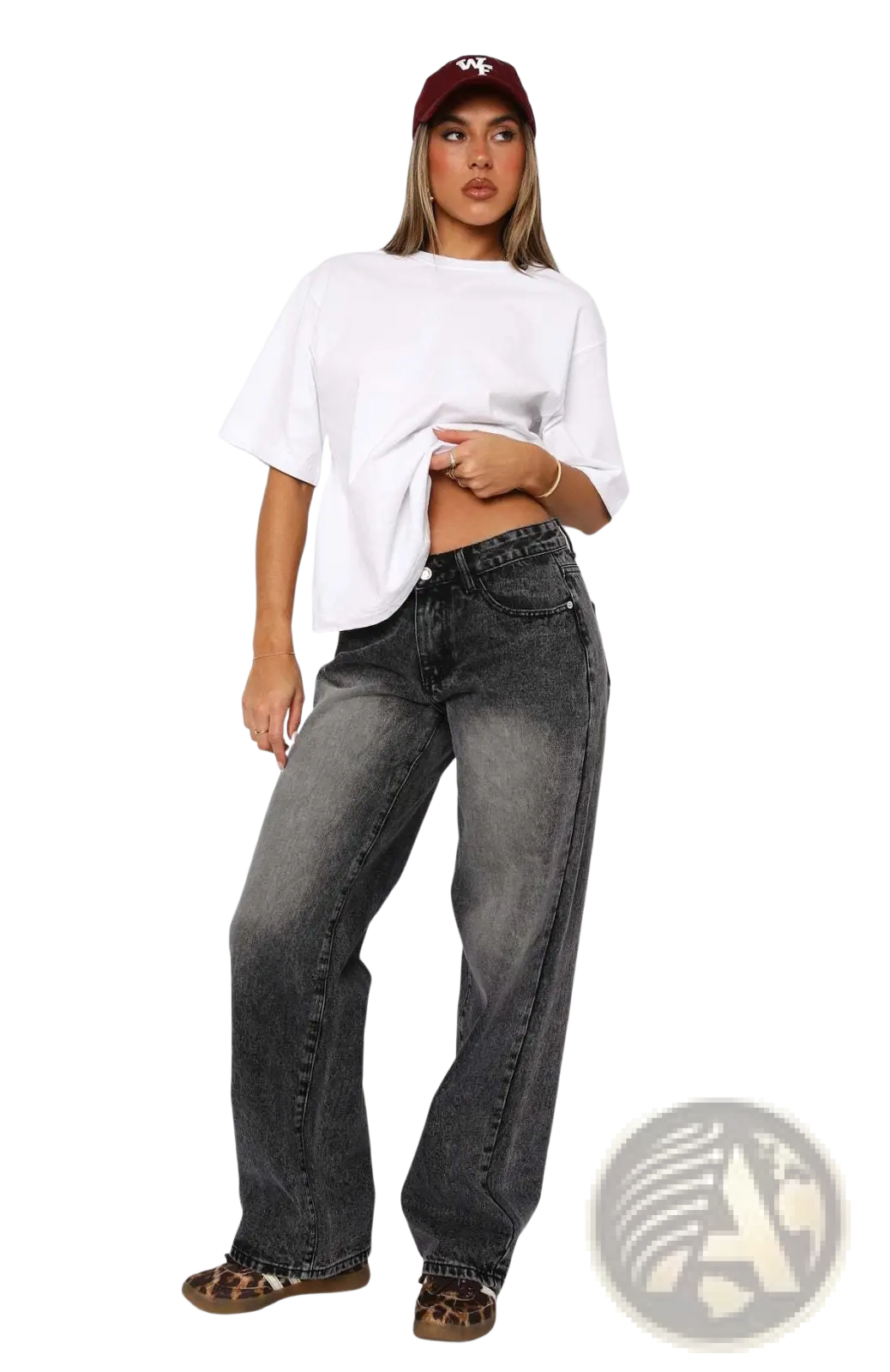 High waist wide leg denim jeans in dark gray with faded wash and classic five-pocket design