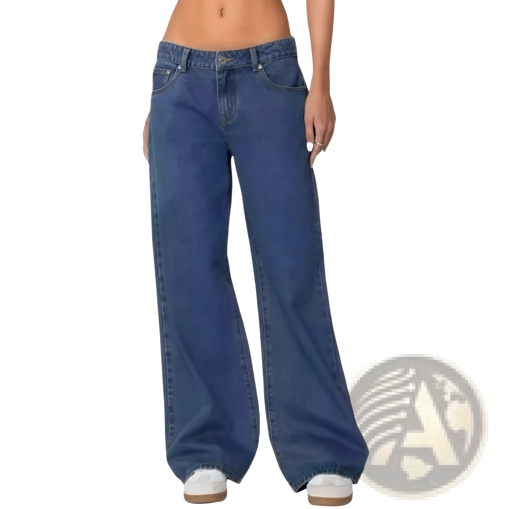 High waist wide leg denim jeans in blue with a classic five pocket design and faded wash