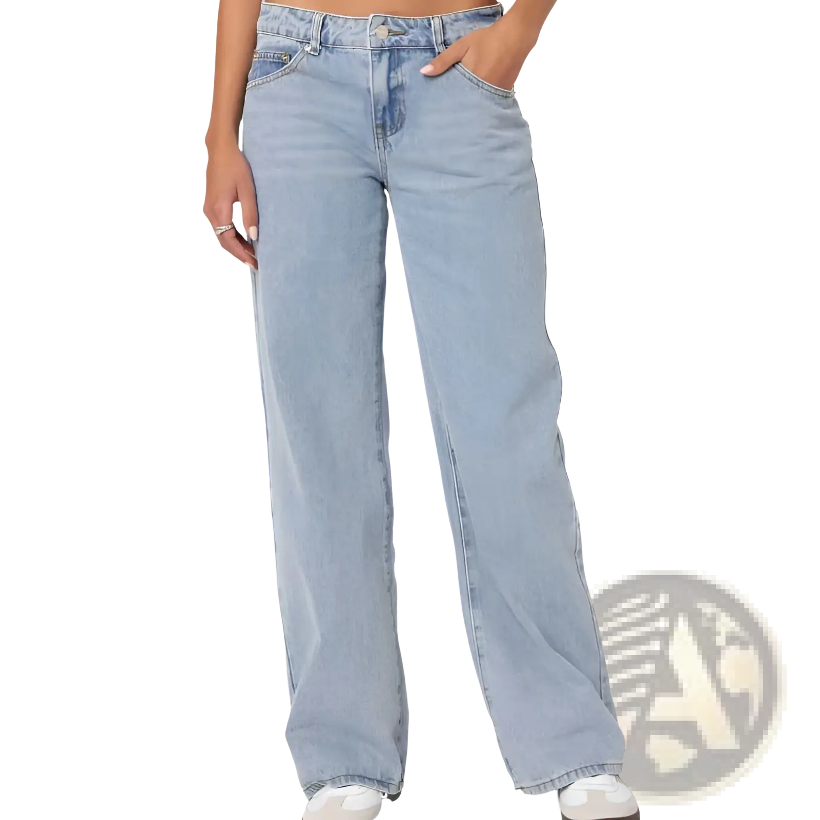 Light-wash high waist denim jeans with a straight-leg cut and classic five-pocket design