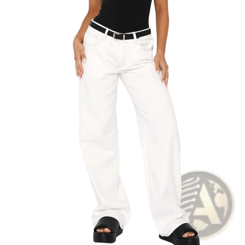 White high waist wide leg denim jeans with black belt showcasing a stylish and comfortable fit