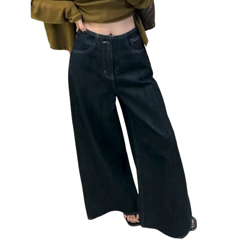 Black wide leg denim pants with high waist and subtle stitching details in wide leg jeans for women