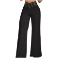 Black high waist wide leg pants with elastic waist and silver-striped crisscross detailing at the front