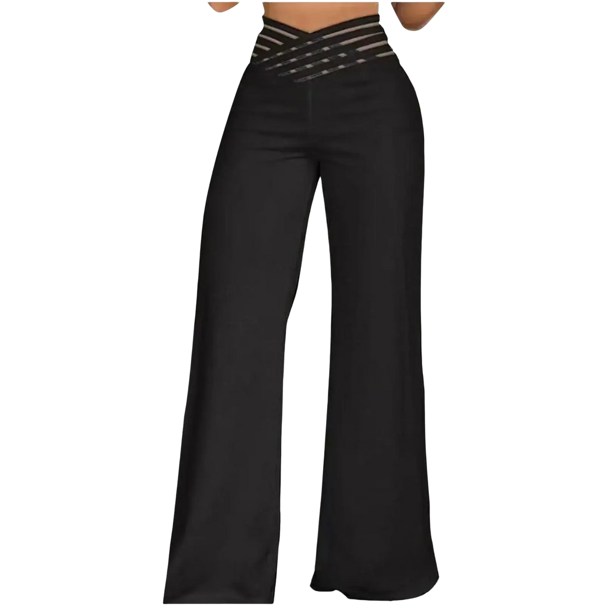 Black high waist wide leg pants with elastic waist and silver-striped crisscross detailing at the front