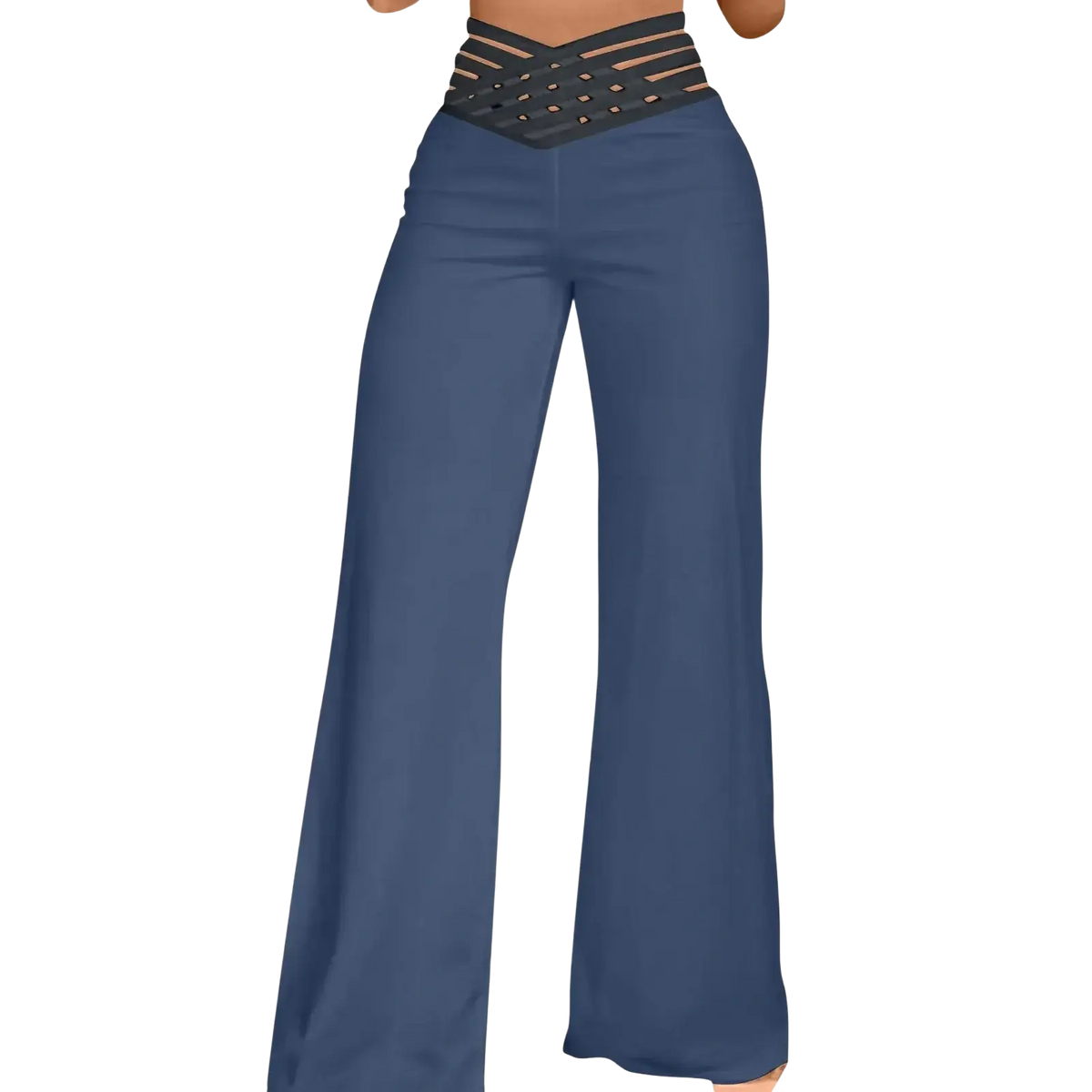 Blue high waist wide leg pants with black lace up elastic waist and flared silhouette y2k style trousers