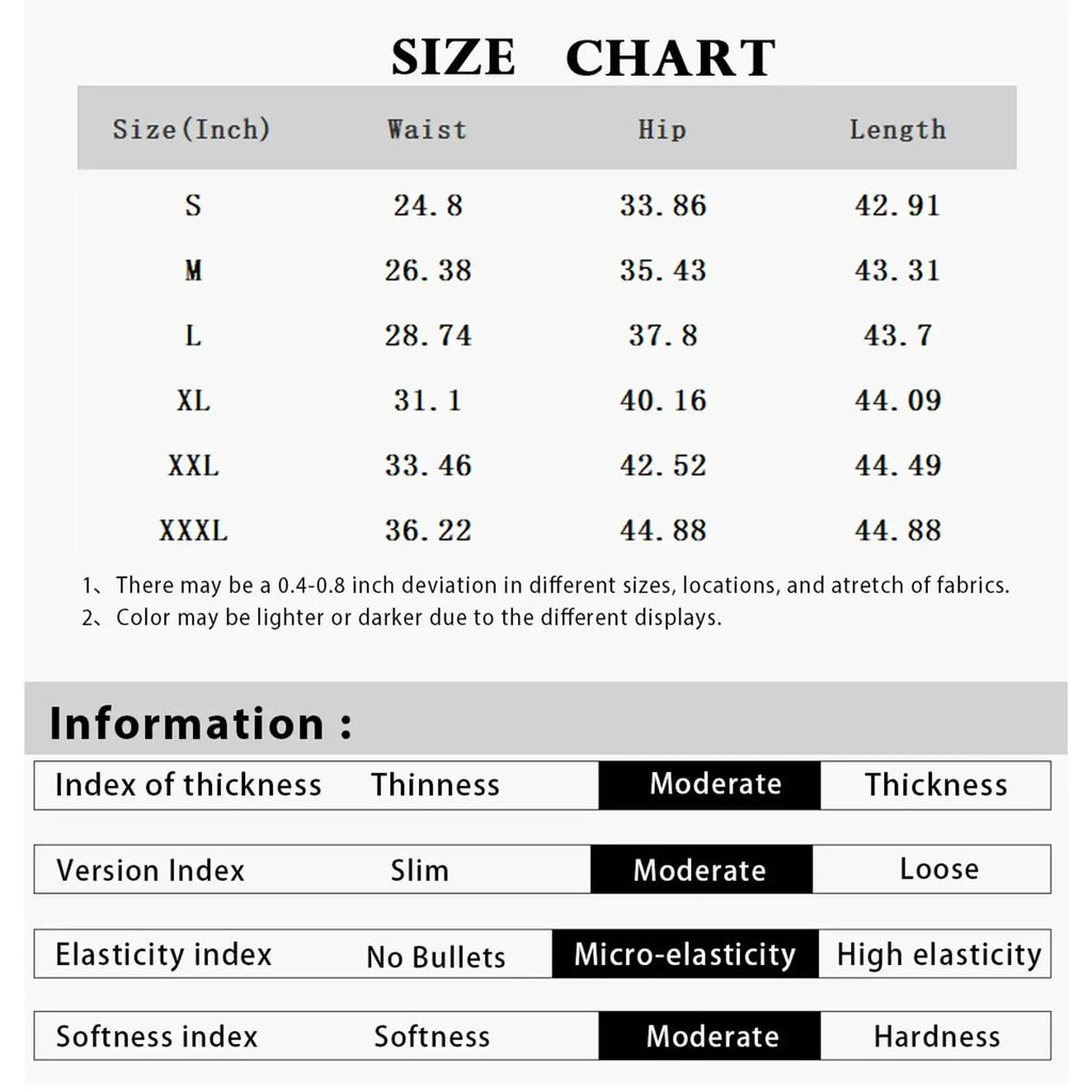 Size chart for high waist wide leg pants with elastic waist, moderate softness, slim fit, and micro-elasticity fabric